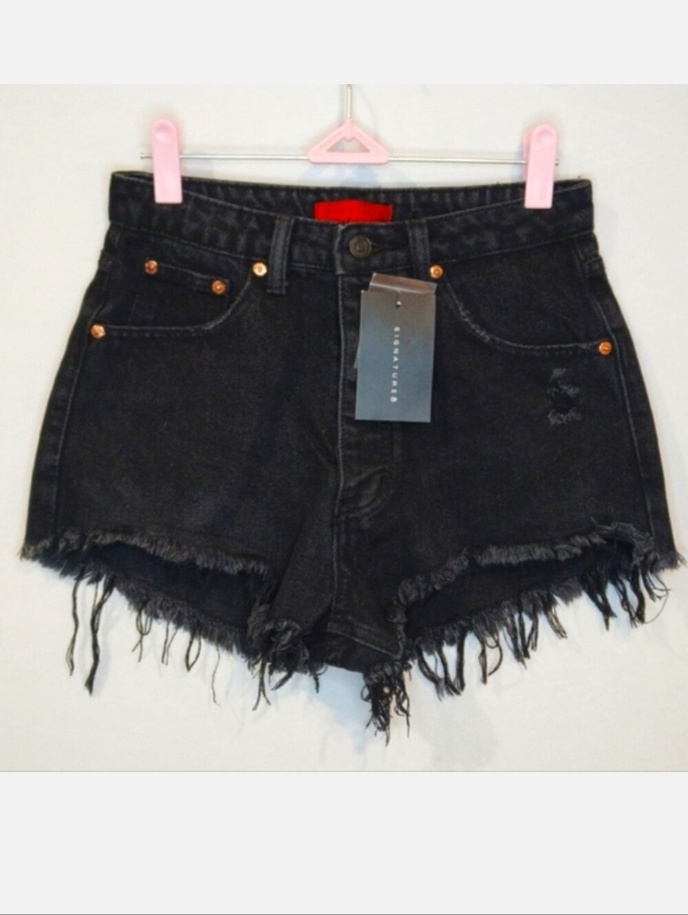 Signature 8 High Rise Distressed Denim Shorts Button Fly Raw Hem Black Small